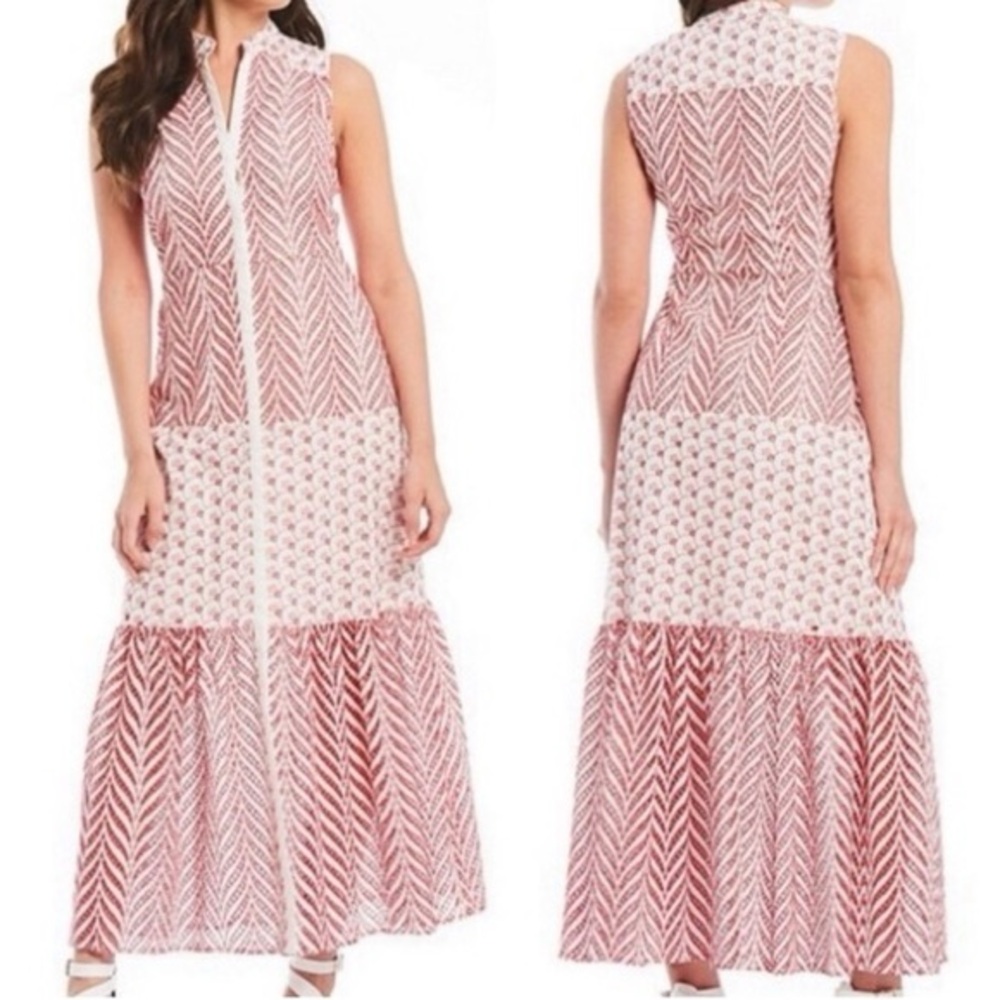 Badgley Mischka Red and White Eyelet Maxi Dress